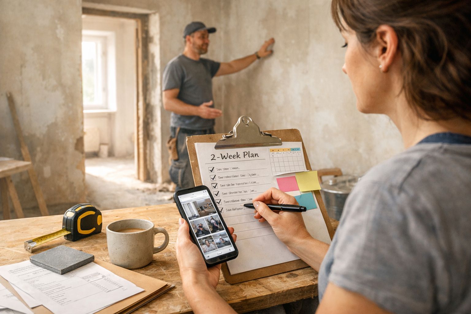 Mulher verifica plano de obras numa prancheta e telemóvel, enquanto homem no fundo trabalha na renovação de uma sala.