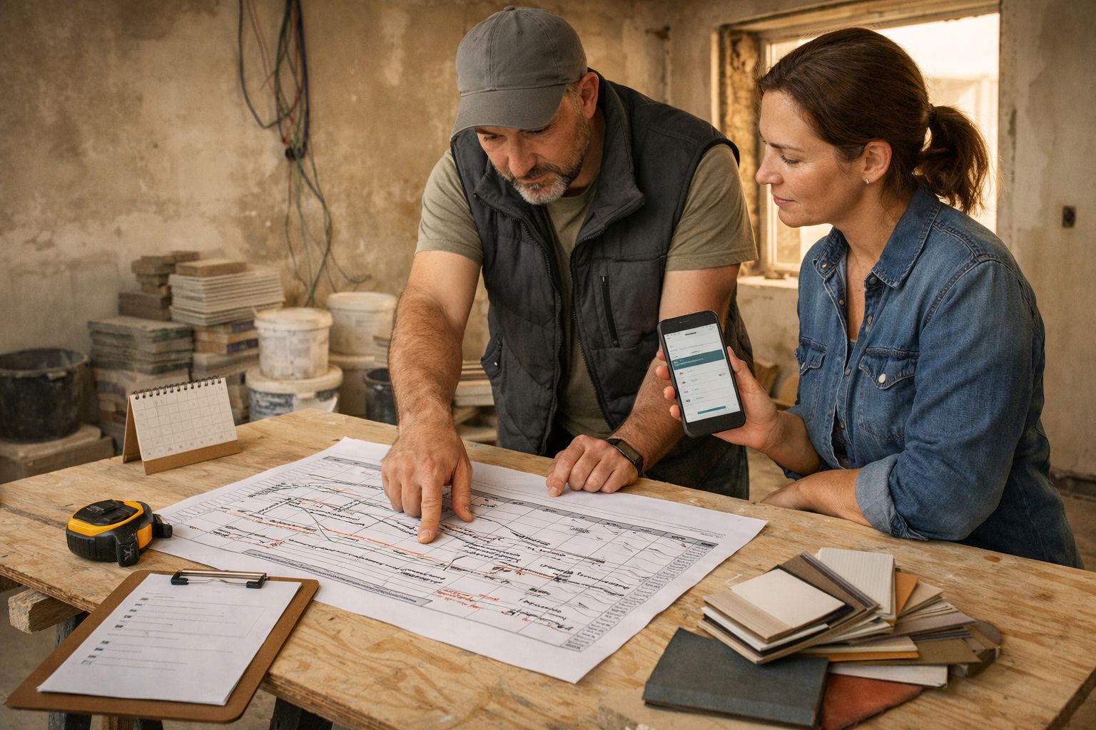 Duas pessoas analisam plantas de construção numa obra; uma segura um smartphone.