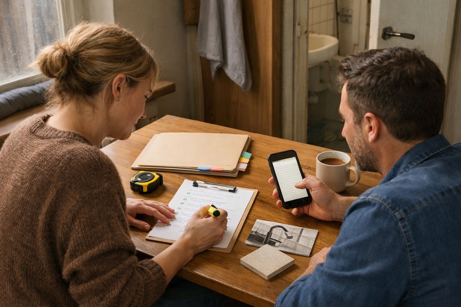 Mulher a fazer anotações numa lista, enquanto homem segura um telemóvel e uma chávena, sentados à mesa.