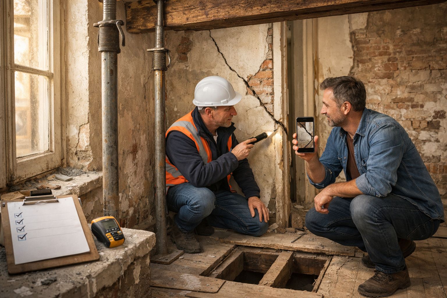 Dois homens inspecionam fissura em parede; um usa capacete, o outro fotografa. Ferramentas e prancheta à esquerda.
