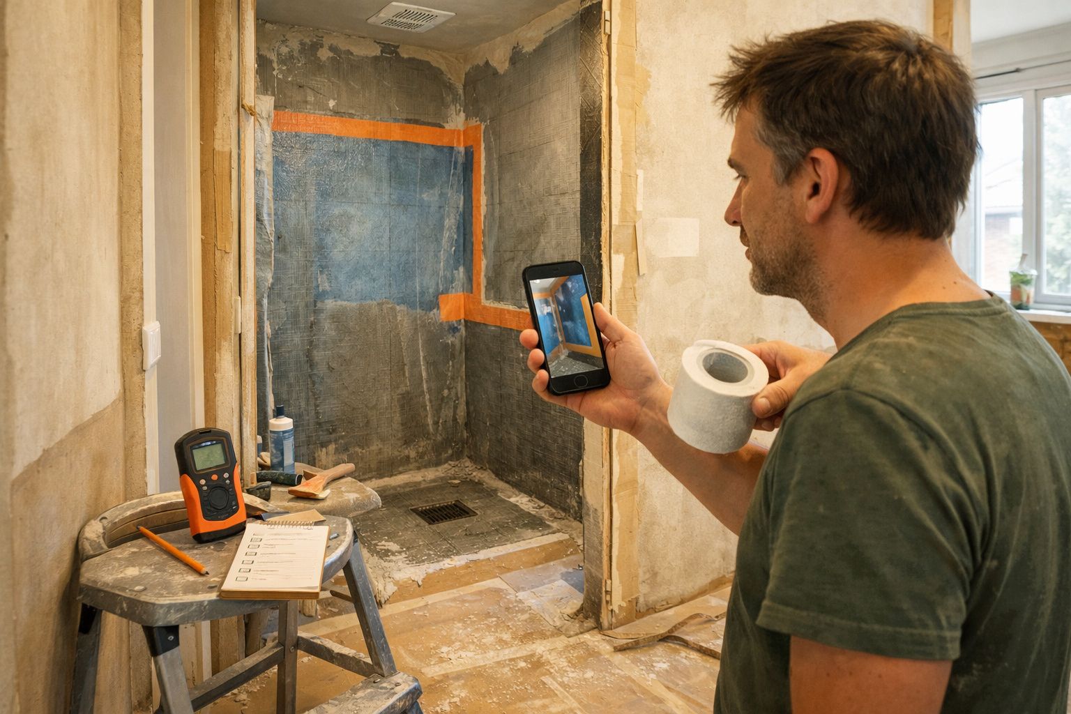 Homem segura telemóvel e rolo de fita numa casa de banho em renovação, com ferramentas ao lado.