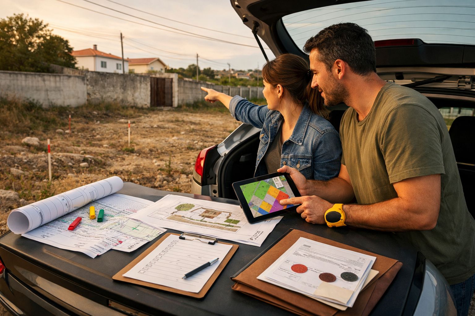 Casal examina mapas e plantas no porta-bagagens de um carro, apontando para o terreno à frente.