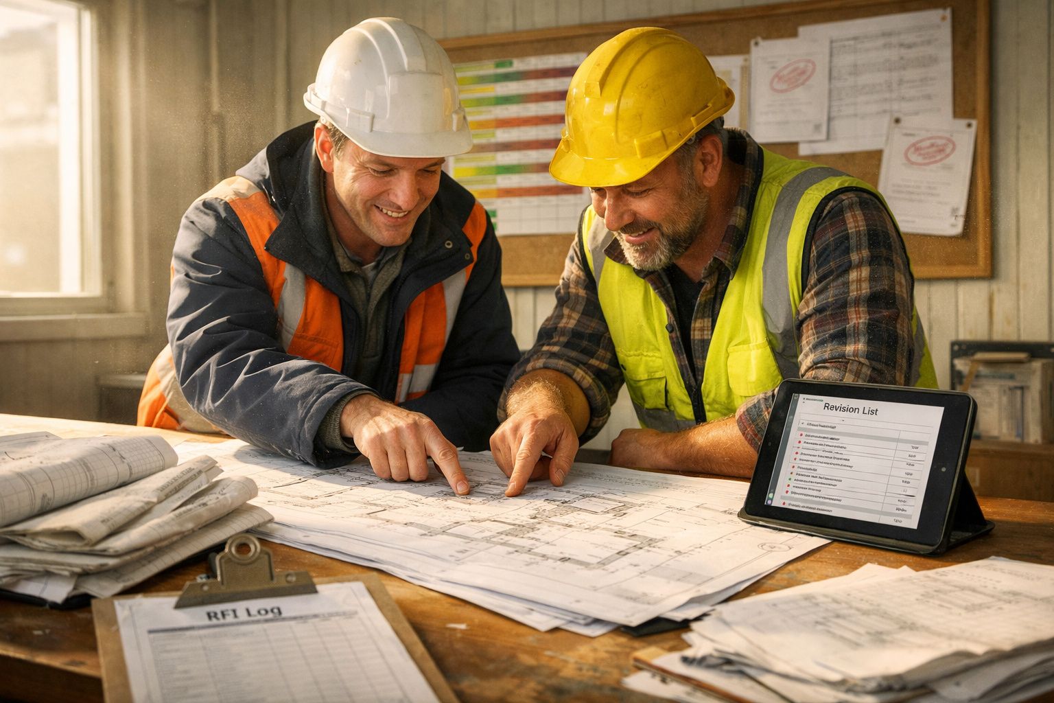 Dois trabalhadores da construção analisam planos num escritório, com um tablet ao lado.