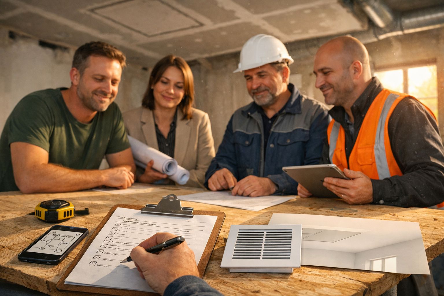 Quatro pessoas analisam planos numa mesa de madeira, num ambiente de construção, com lista de verificação em primeiro plano.