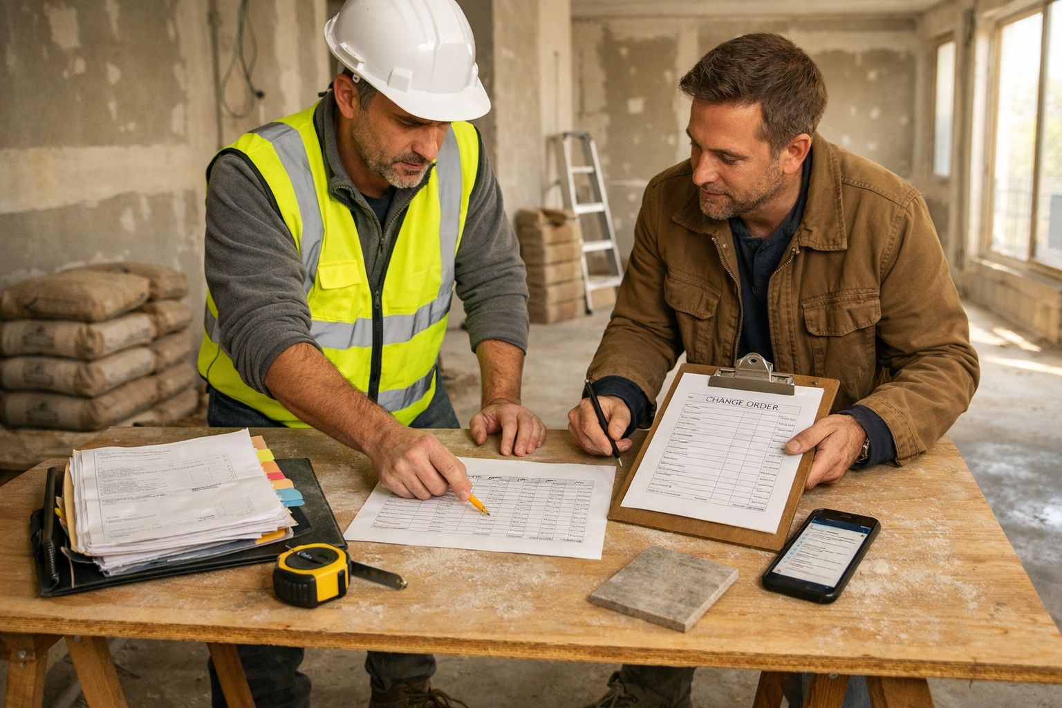 Dois homens analisam documentos de construção numa obra, com ferramentas e telemóvel sobre a mesa.