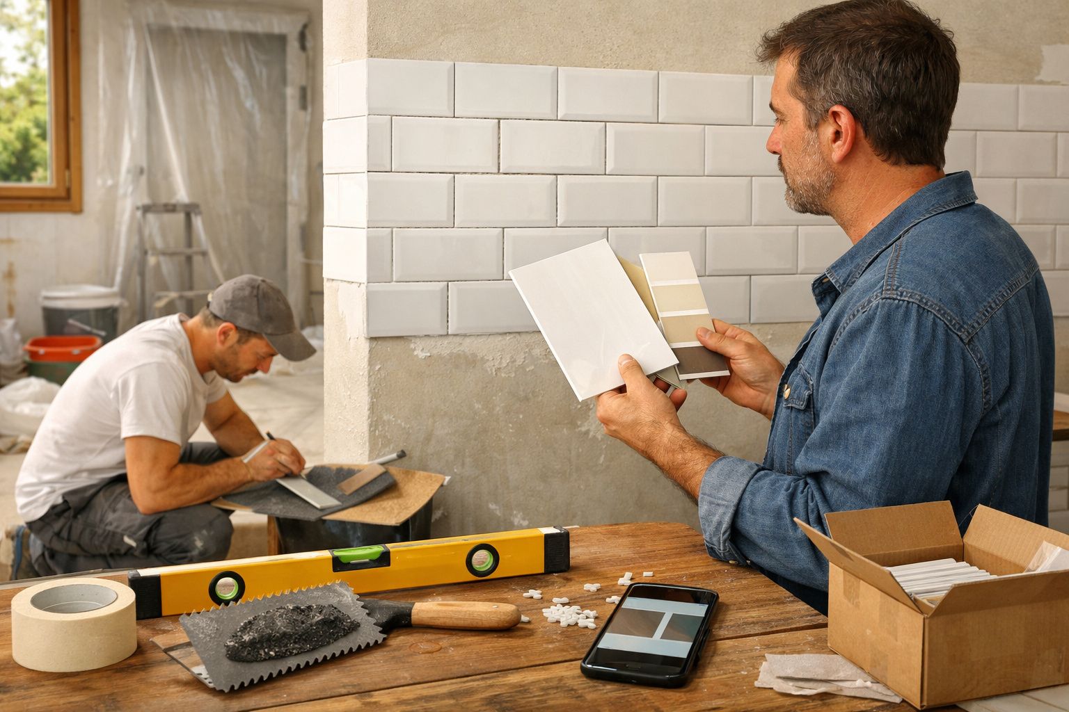 Homens a analisar ladrilhos e a trabalhar numa remodelação de cozinha com ferramentas ao fundo.