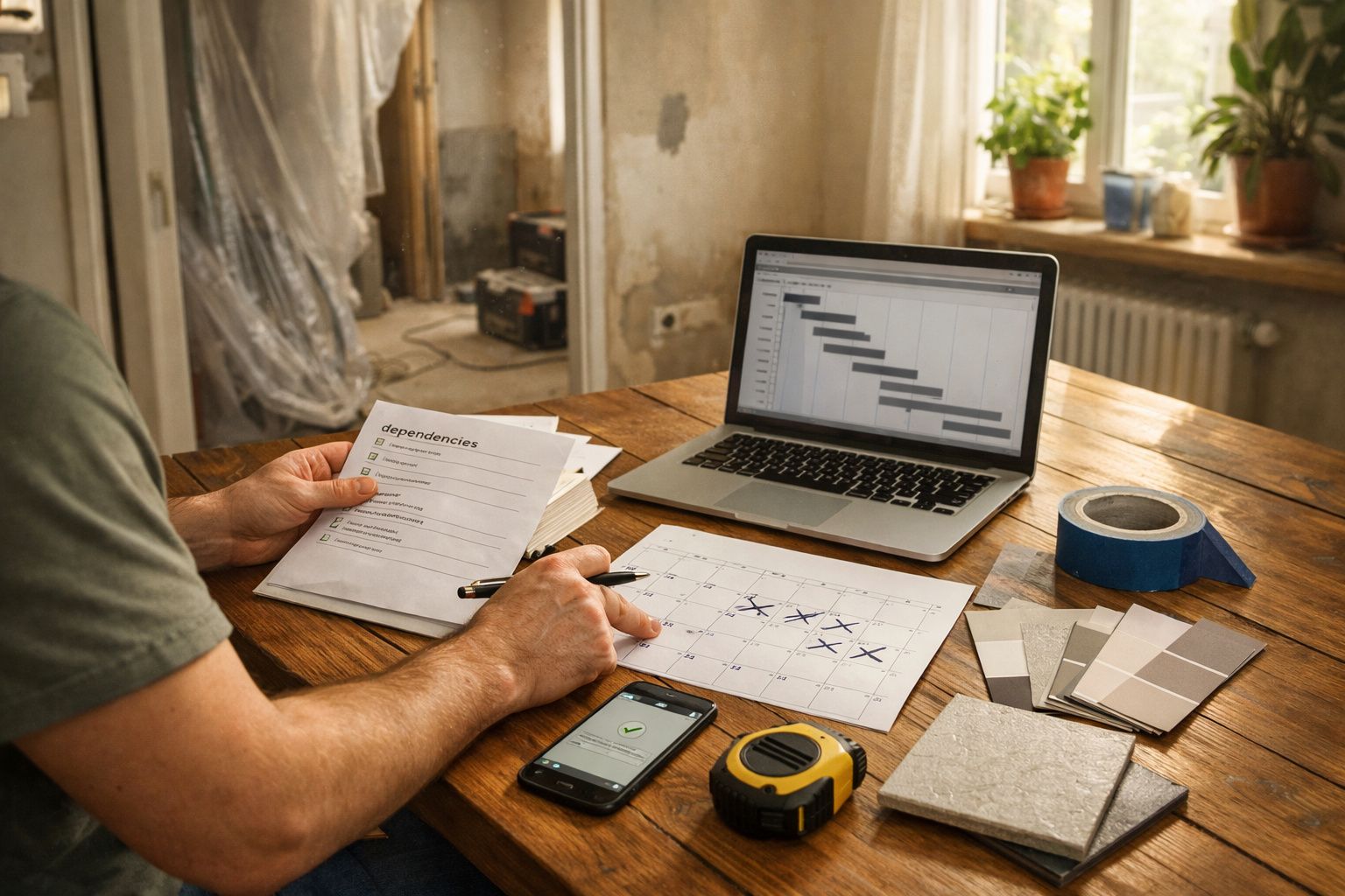 Homem planifica projeto de renovação com portátil, papel, calendário e amostras de cores numa mesa de madeira.