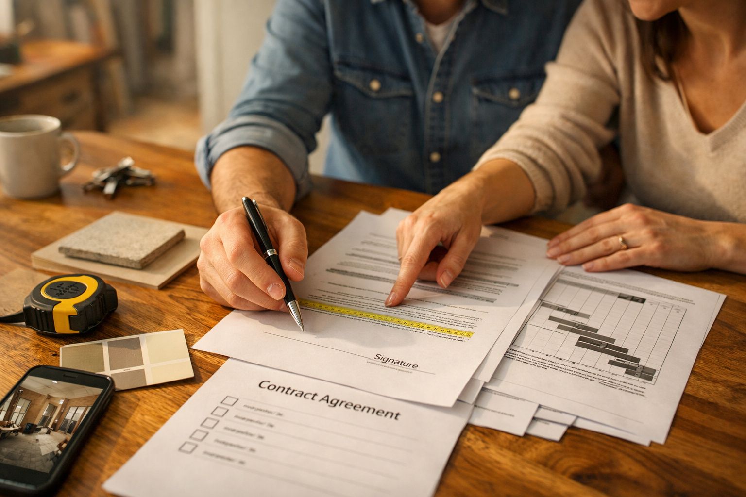 Duas pessoas analisam e assinam um acordo contratual sobre uma mesa com papéis, gráfico, medidor e smartphone.