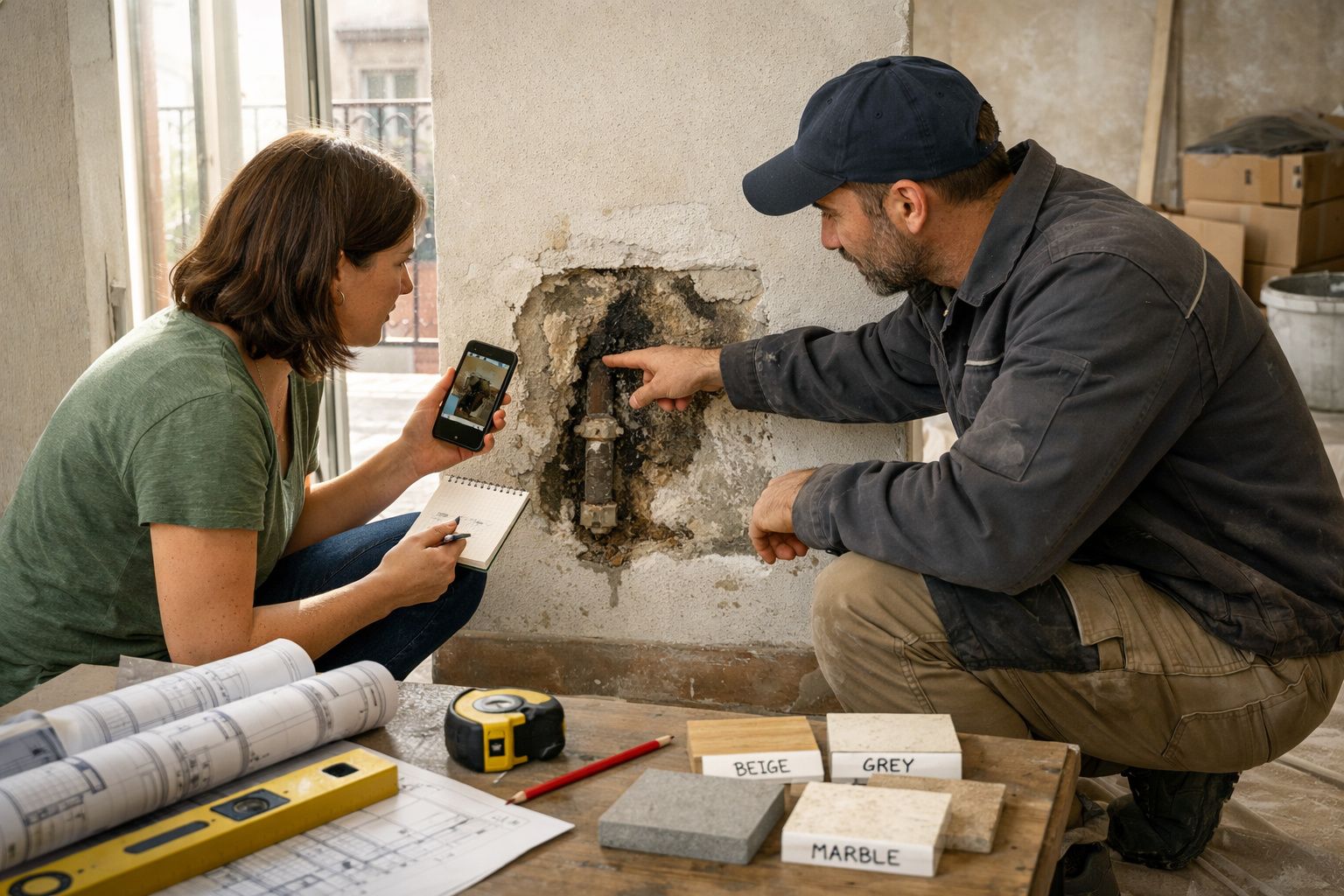 Duas pessoas analisam um cano exposto numa parede, com notas e amostras de azulejos em cima de uma mesa.