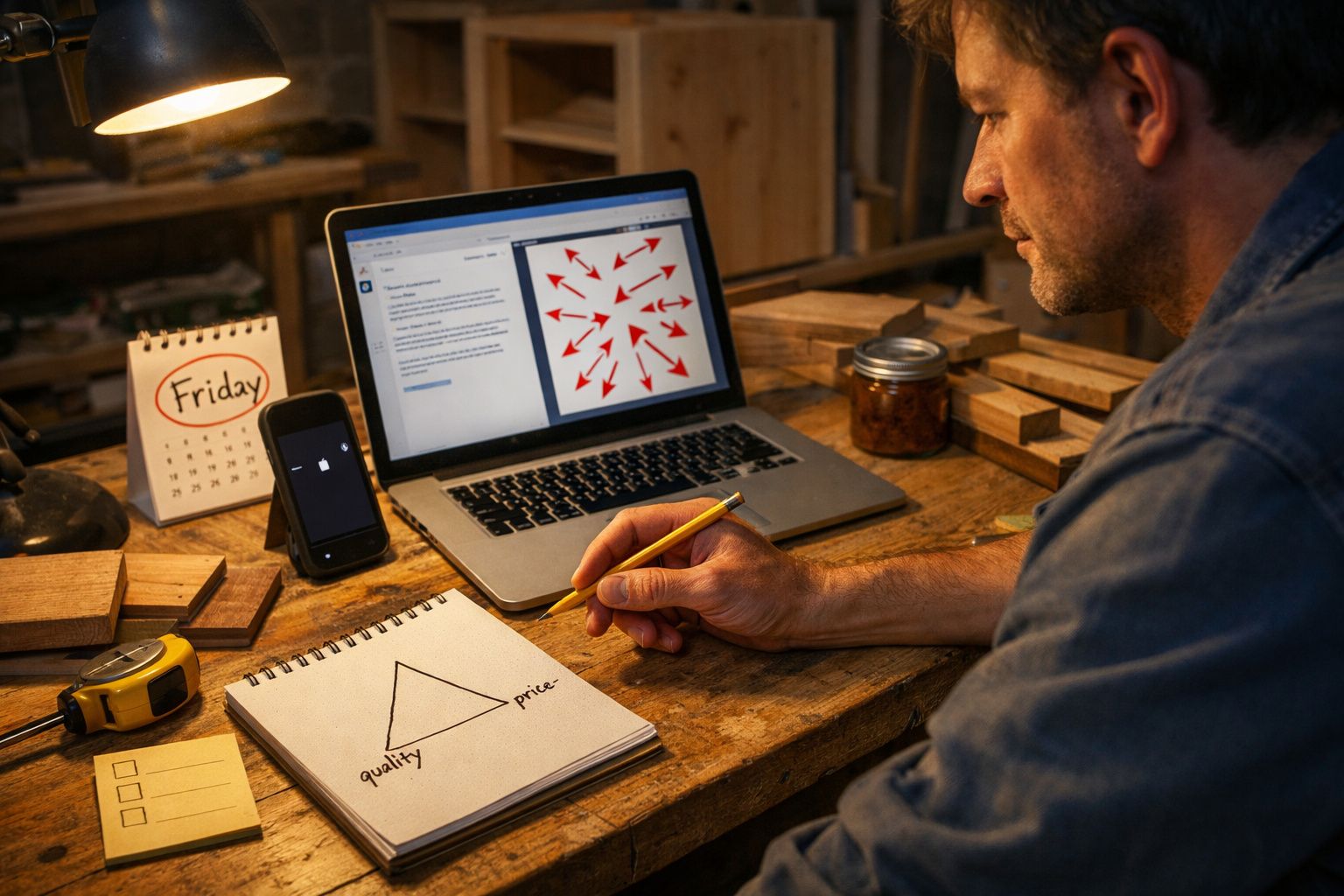 Homem a trabalhar numa mesa de madeira com computador, bloco de notas e telemóvel. Desenho de triângulo e calendário.