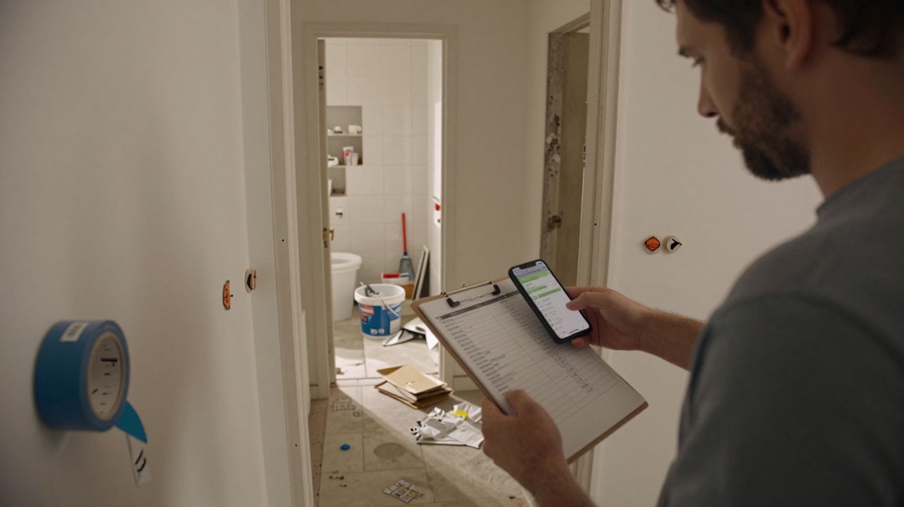Homem verifica lista de tarefas numa casa em renovação; chão coberto de ferramentas e materiais.