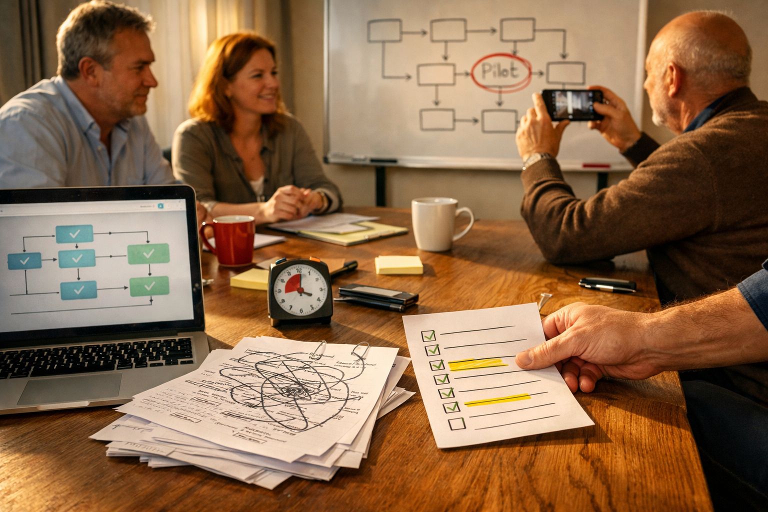 Três pessoas em reunião, com papéis e portátil na mesa, quadro branco ao fundo, uma pessoa tira foto com telemóvel.