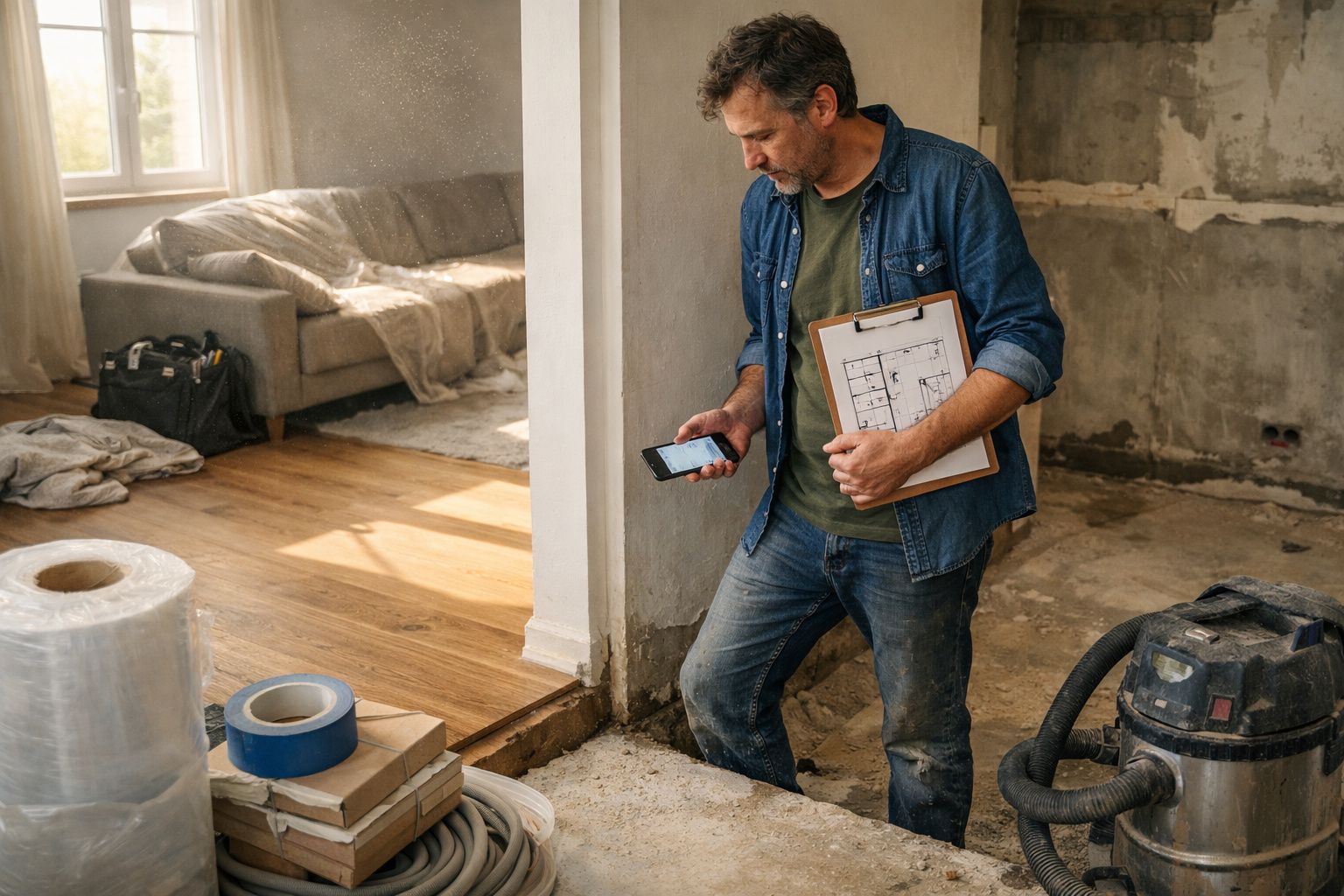 Homem com prancheta e telemóvel numa sala em obras, ferramenta e materiais ao lado.