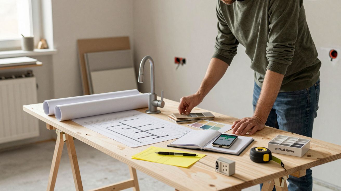 Pessoa revê planos arquitetónicos numa mesa com amostras de cores e rolos de papel.