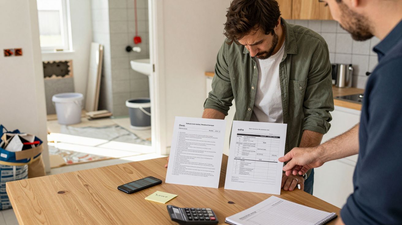 Dois homens analisam documentos numa cozinha; calculadora e telemóveis na mesa.