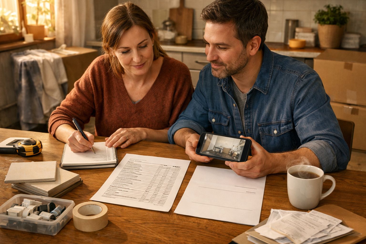 Casal sentado à mesa, a planear renovação; mulher toma notas e homem mostra imagem no telemóvel.
