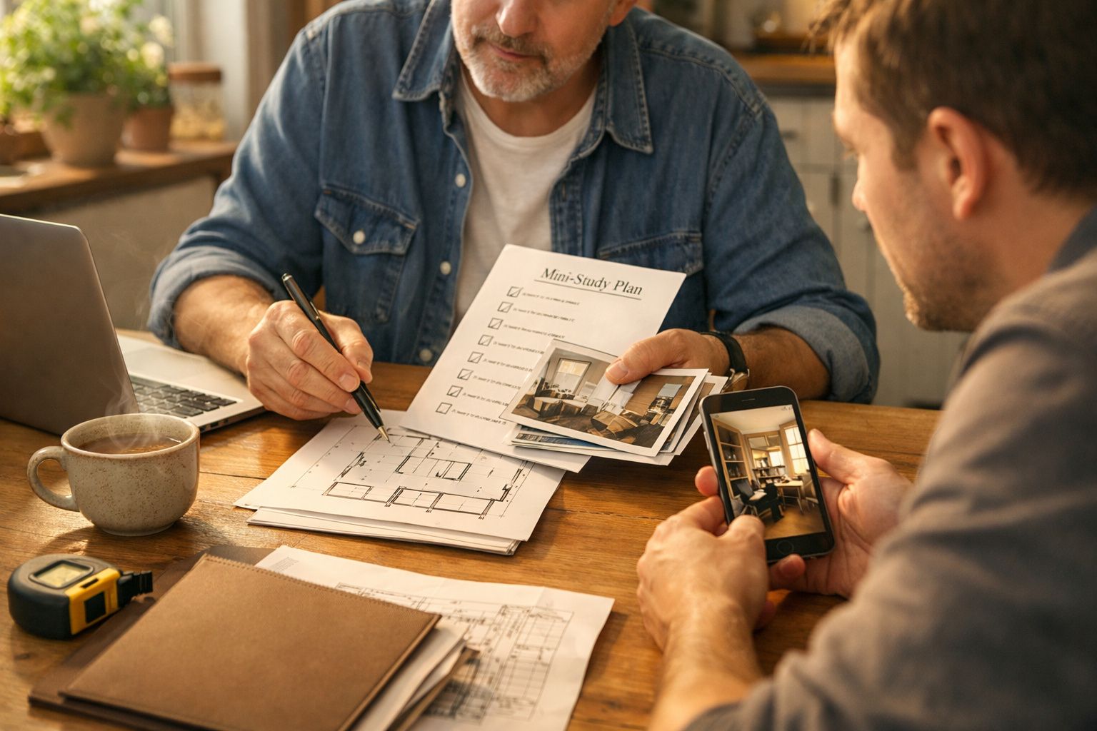 Dois homens discutem plantas e fotos de design de interiores, com um laptop e fita métrica sobre a mesa.