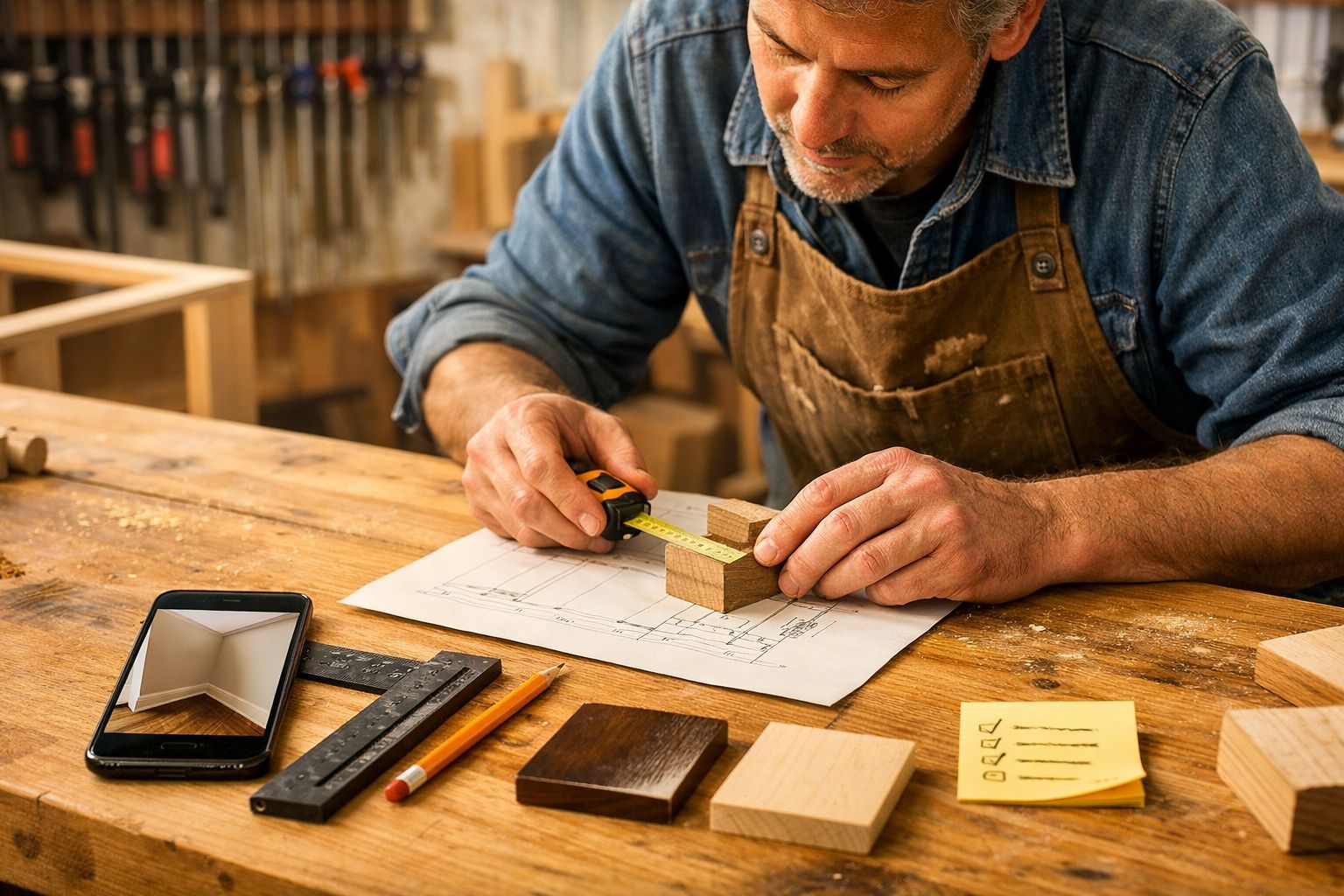 Carpinteiro a medir madeira com régua numa mesa de trabalho, rodeado de ferramentas, esboço e telemóvel.