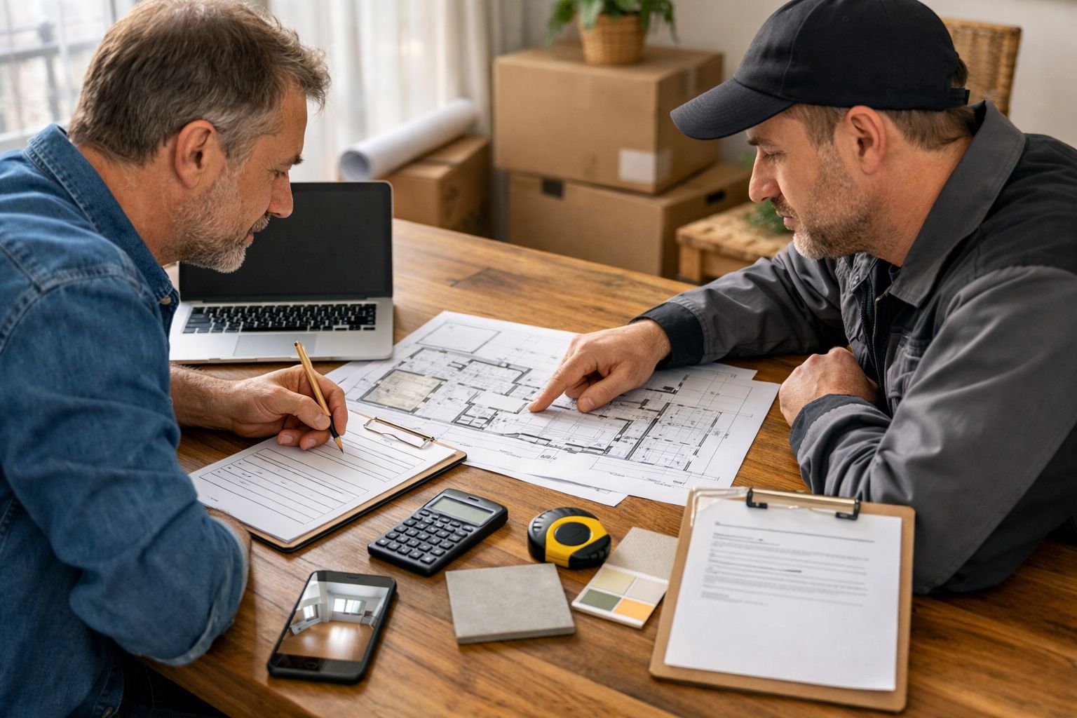 Dois homens analisam plantas arquitetónicas numa mesa com computador, calculadora e outros acessórios.