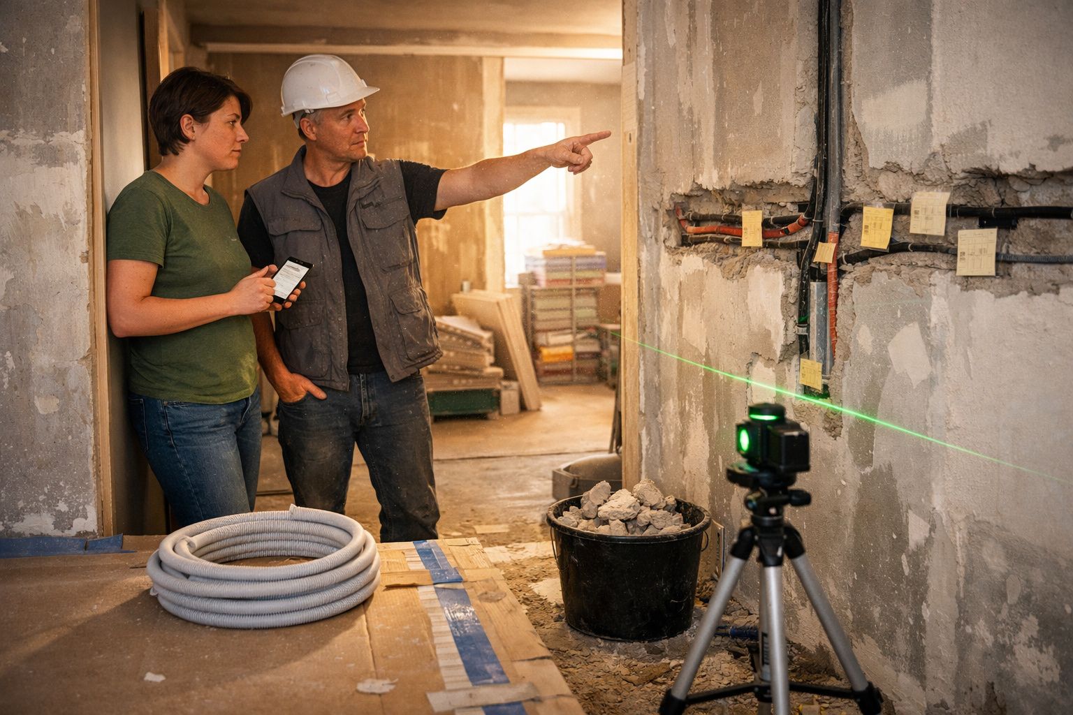Mulher e homem com capacete inspecionam obra, apontando para tubagem exposta numa parede com notas adesivas.