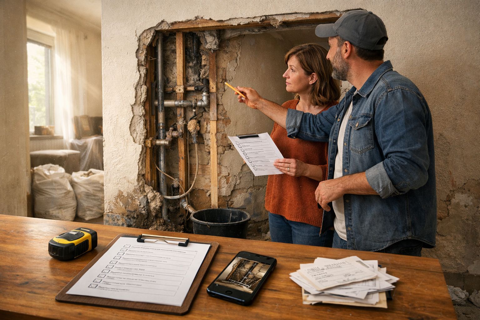 Casal inspeciona encanamento exposto em parede, segurando lista de verificação e apontando danos. Mesa com ferramentas à fren