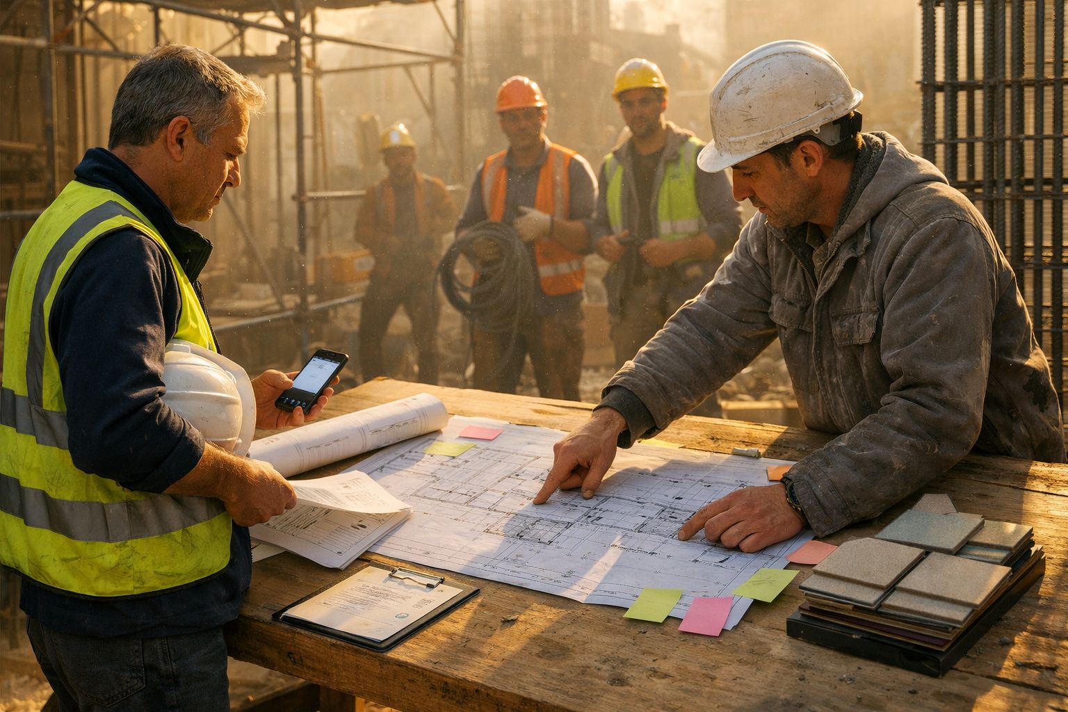 Dois trabalhadores analisam plantas em obra, um com capacete branco e outro verificando o telemóvel.