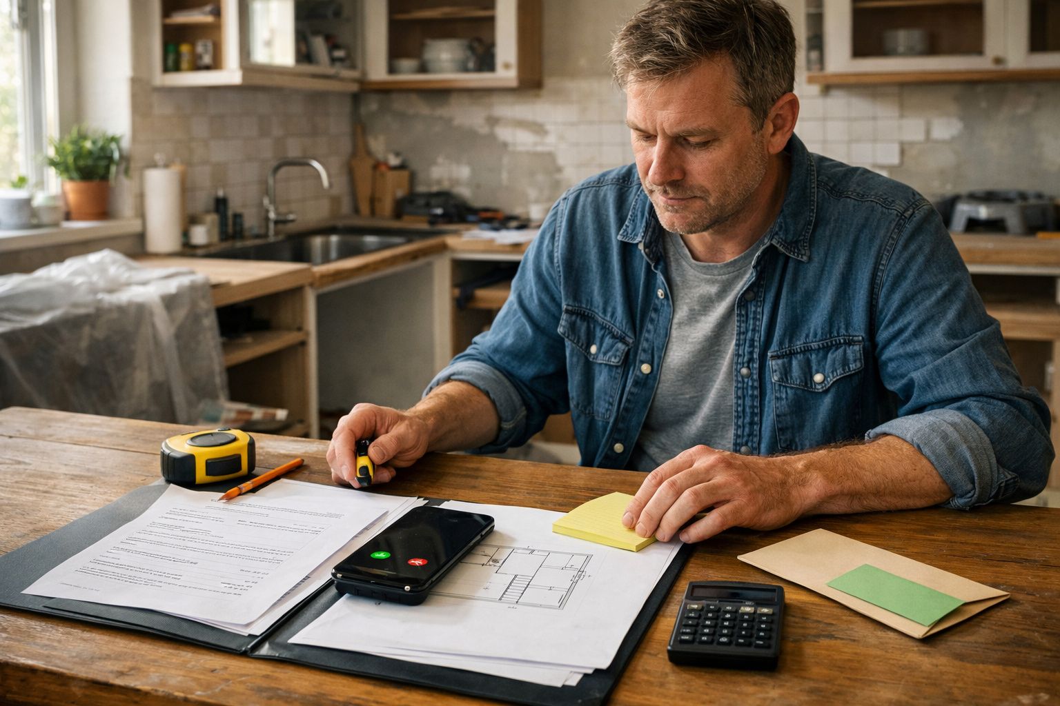 Homem em cozinha a calcular orçamento com documentos, calculadora e fita métrica na mesa.