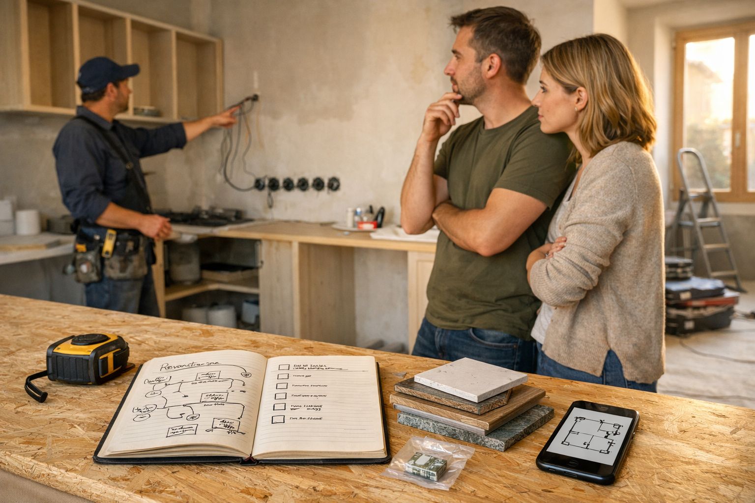 Casal consulta construtor sobre renovação; mesa com bloco de notas, amostras de materiais e planta.