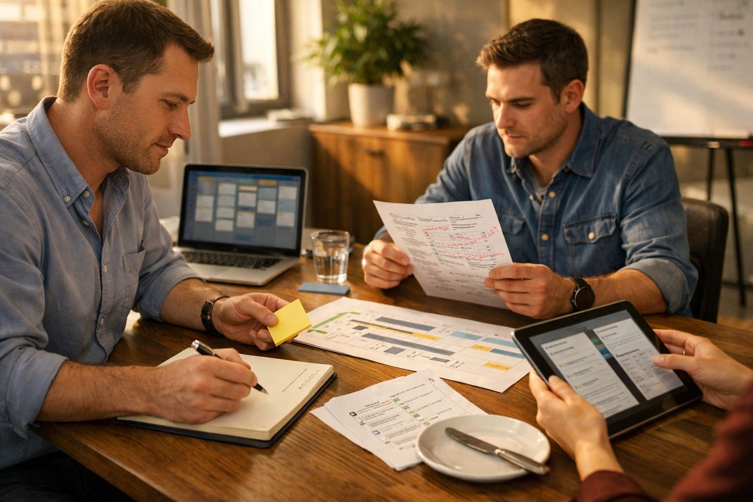 Homens numa reunião de trabalho, com laptop, tablet e papeis, discutindo projetos em escritório iluminado.