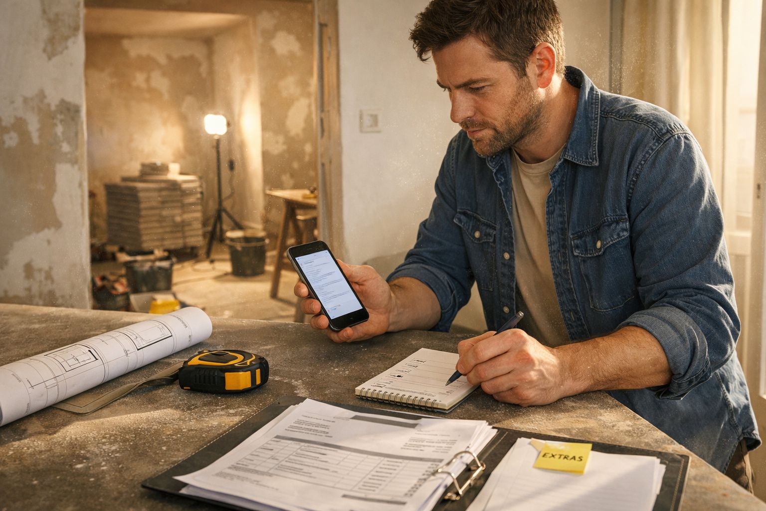 Homem revendo planta e notas em obra de construção, com smartphone na mão e um bloco de notas ao lado.