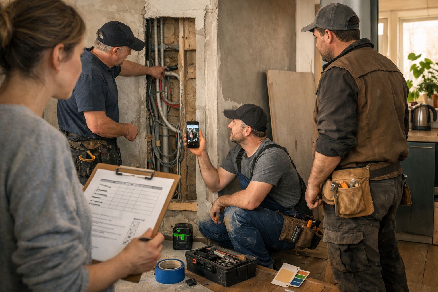 Quatro pessoas trabalham numa renovação, inspeccionando instalações eléctricas; uma tira foto, outra anota num bloco.