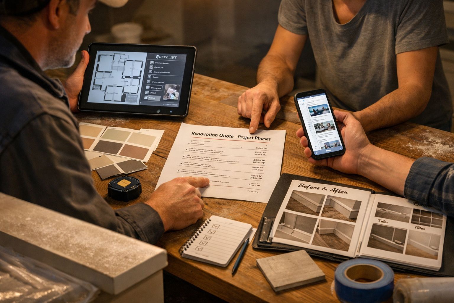 Três pessoas discutem projeto de renovação com tablet, smartphone e lista de preços em mesa de madeira.