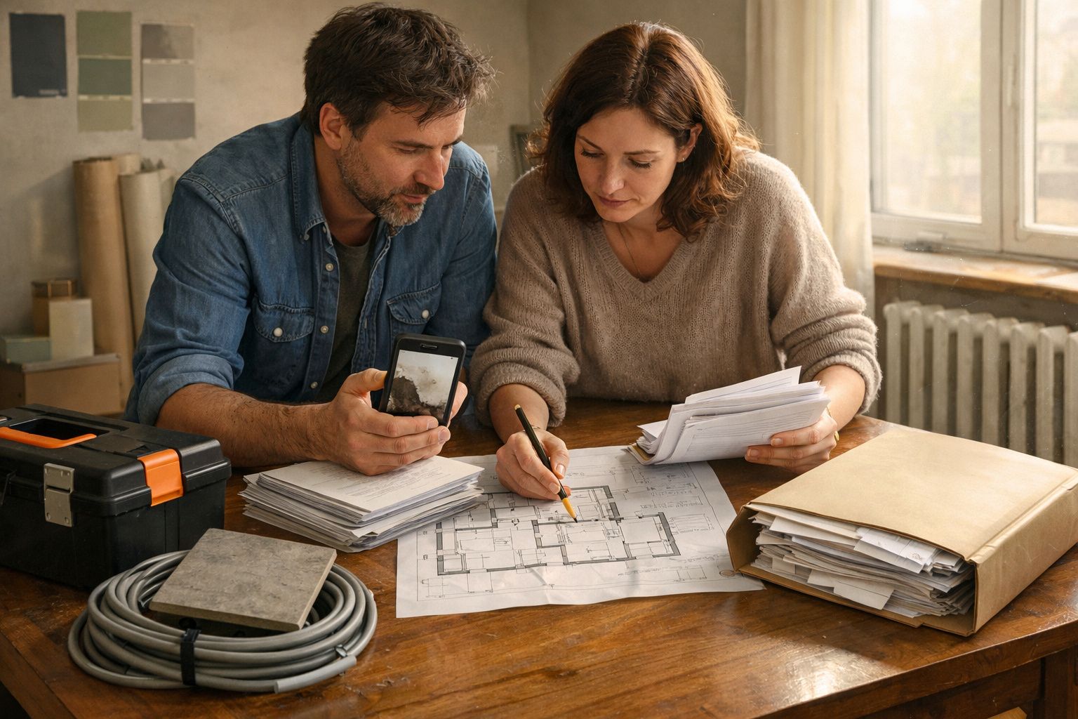Casal consulta plantas de arquitetura numa mesa, rodeados de materiais e ferramentas.