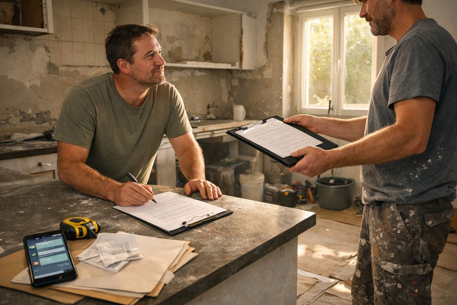 Dois homens num estaleiro discutem documentação sobre uma bancada, com ferramentas e papéis ao redor.