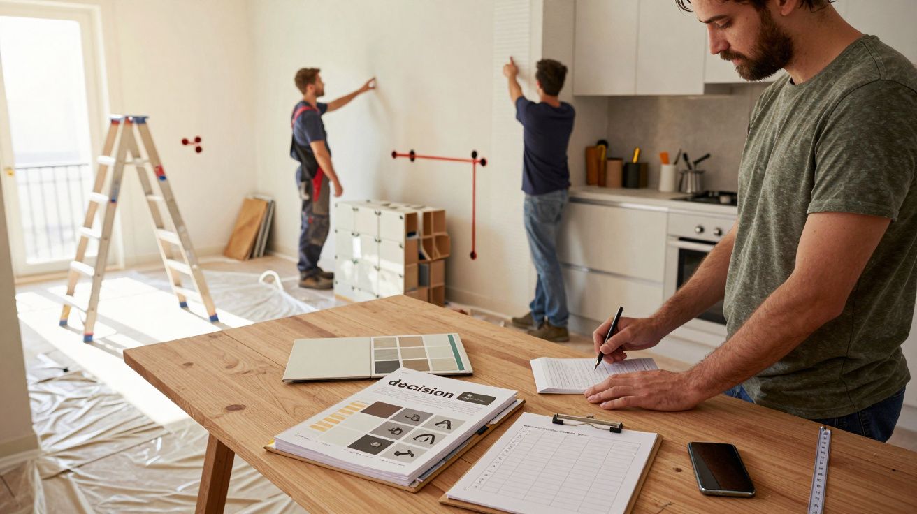 Três homens renovam cozinha; dois trabalham na parede, um toma notas numa mesa com materiais de design.