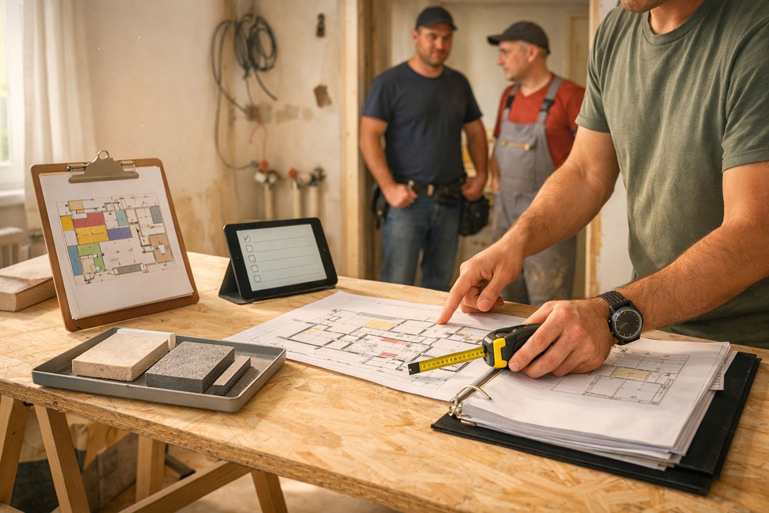Homem mede plantas arquitetónicas numa mesa; duas pessoas conversam ao fundo numa obra.