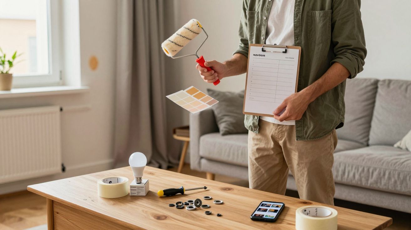 Pessoa segurando rolo de pintura e amostras de cores numa sala, com ferramentas sobre a mesa.