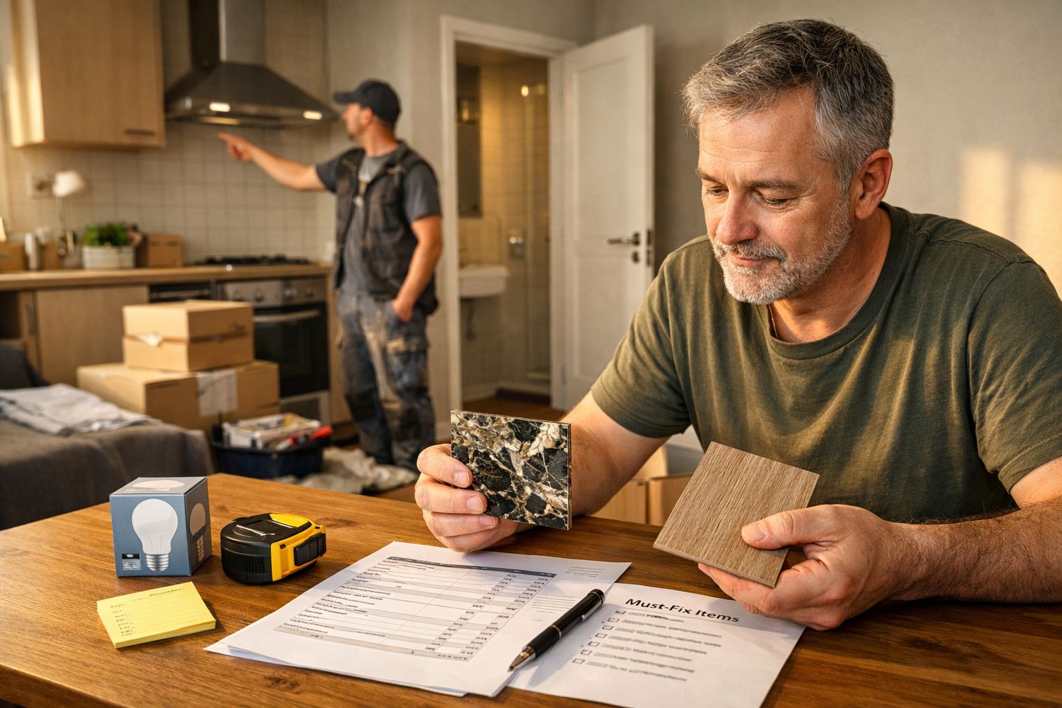 Homem examina amostras de materiais numa cozinha em renovação, com caixas de cartão ao fundo e lista na mesa.