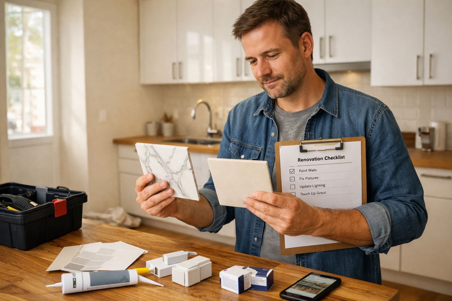 Homem numa cozinha analisa amostras de azulejos, segurando lista de verificação de renovação. Caixa de ferramentas ao lado.