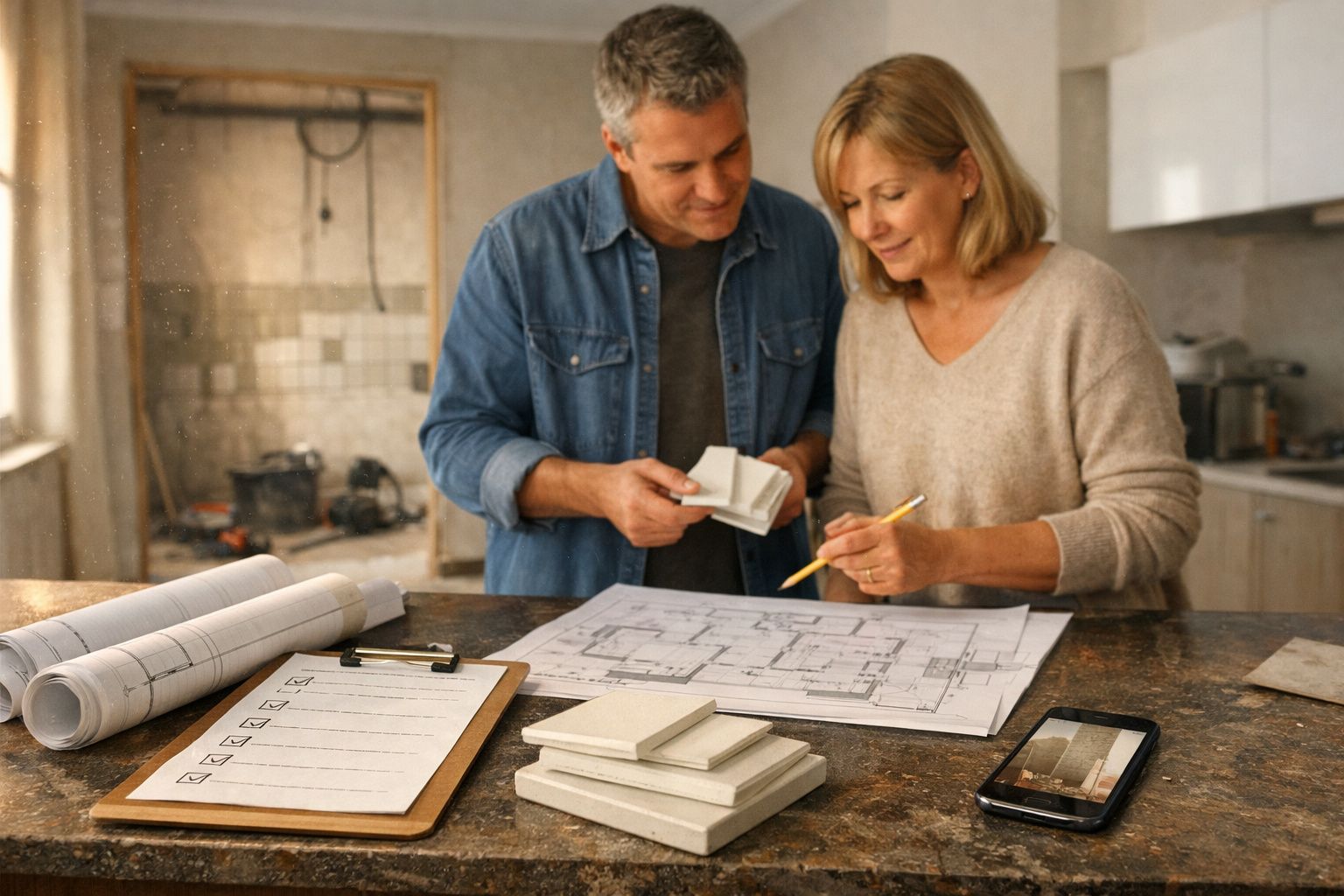 Casal examina planta de arquitetura em cozinha em renovação, cercado por amostras de materiais e listas de verificação.