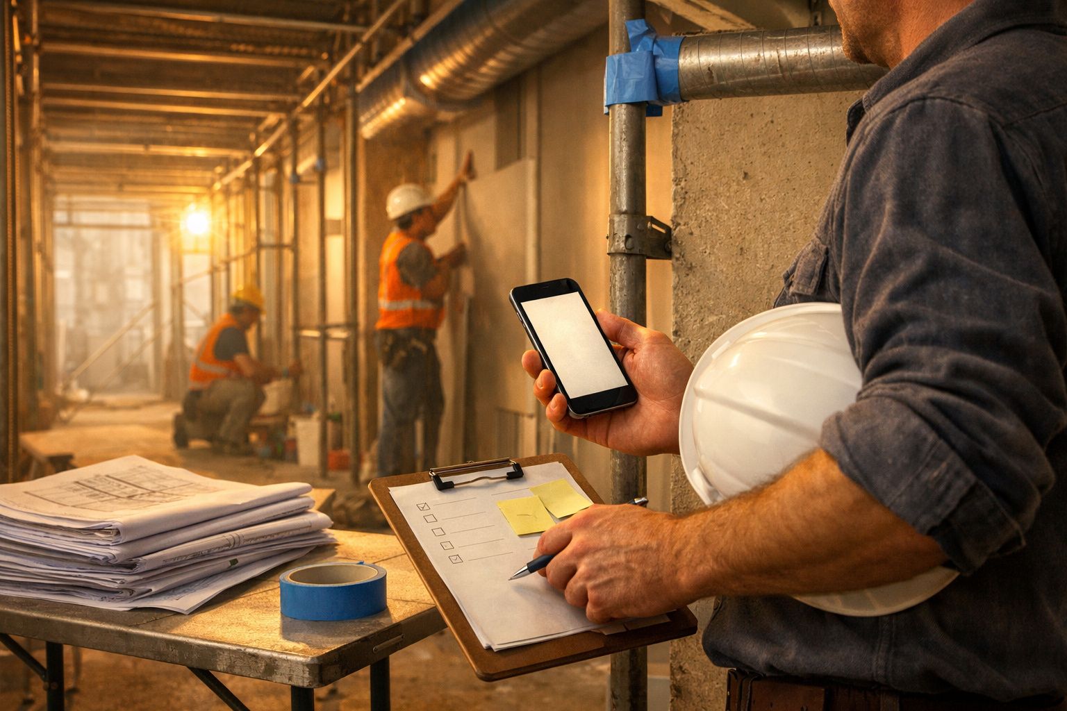 Trabalhador numa obra a usar smartphone; capacete e documentos nas mãos, enquanto outros operários trabalham ao fundo.