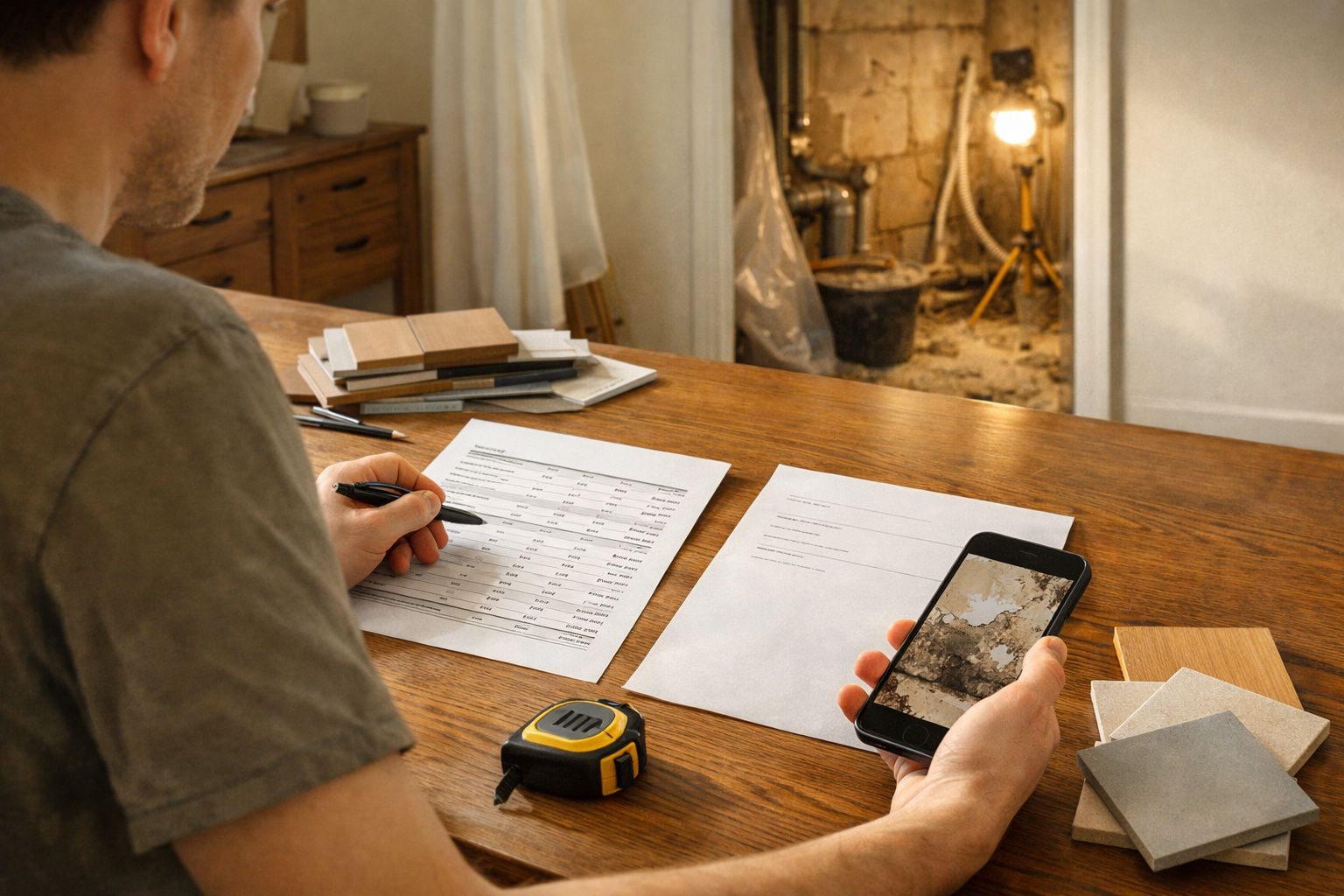 Homem analisa orçamento com telemóvel e amostras de cor à mesa; fita métrica e papéis ao lado.