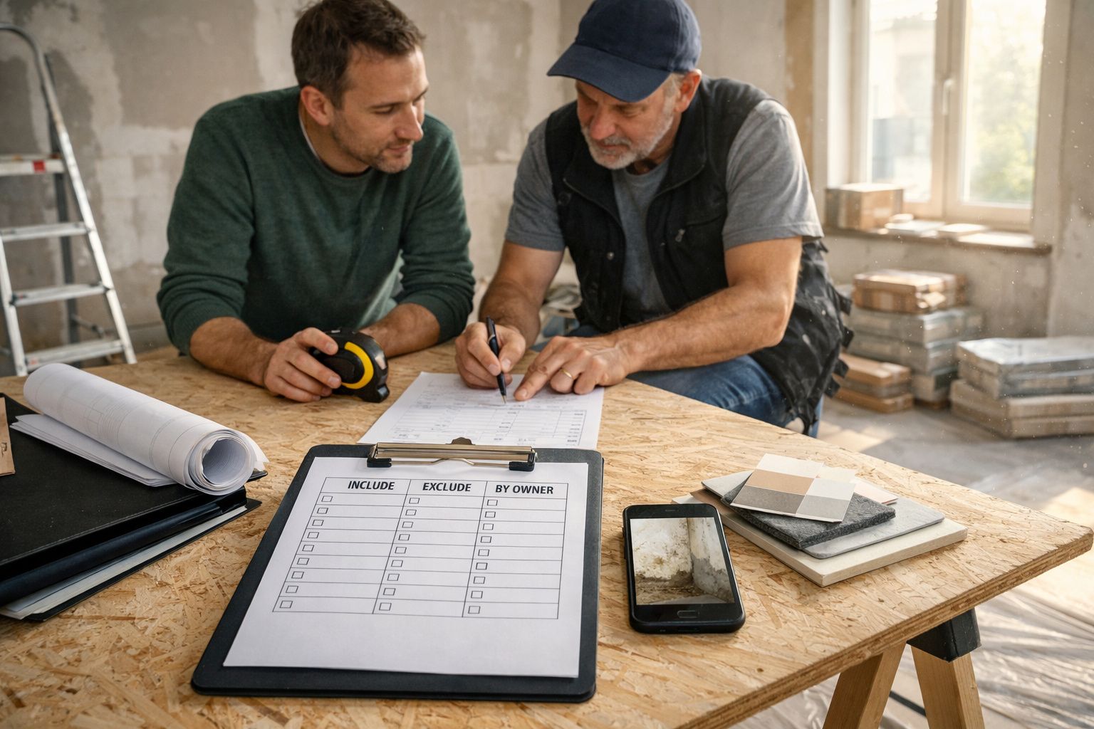 Duas pessoas analisam uma lista de verificação numa obra, com amostras de cor e telemóvel sobre a mesa.