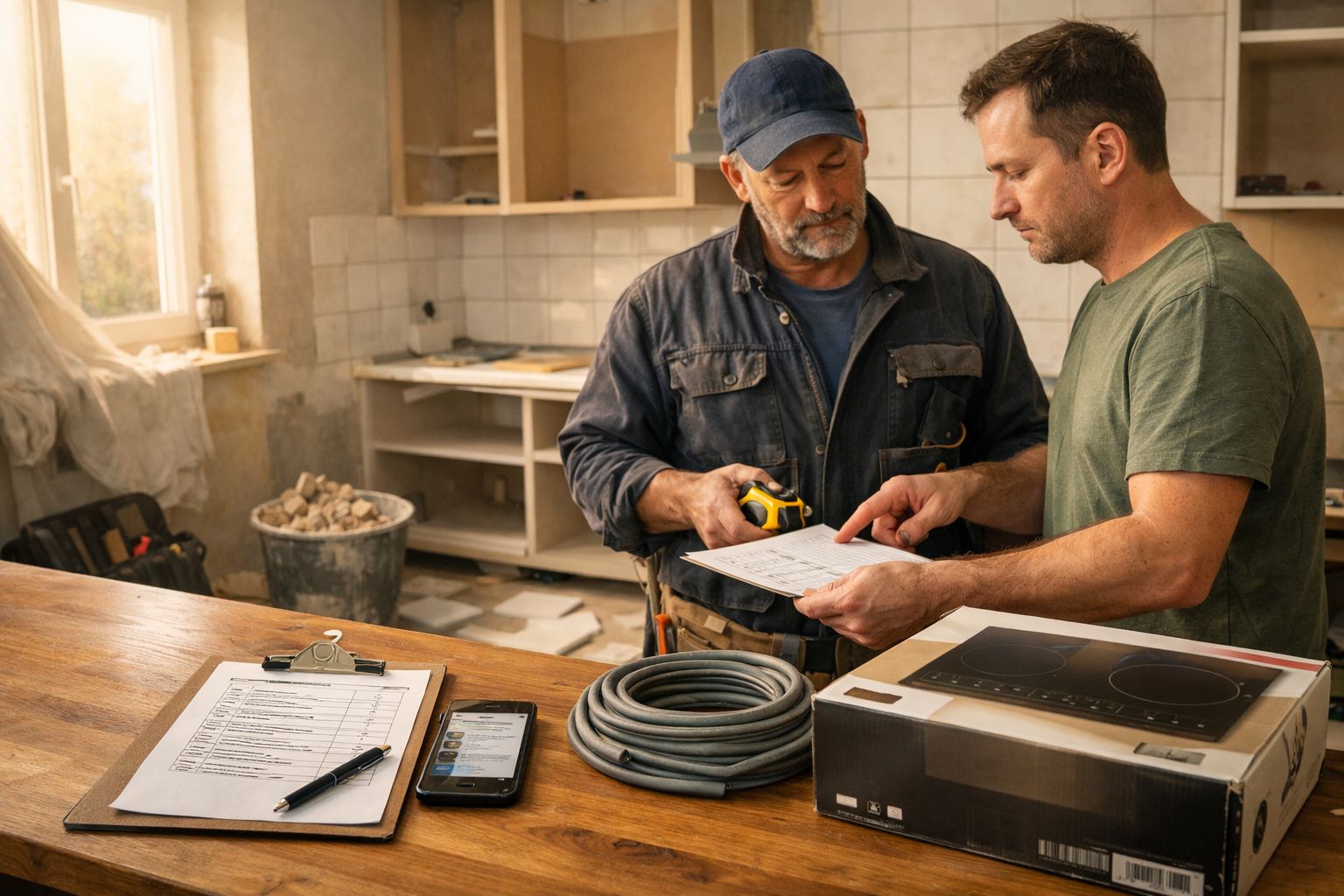 Dois homens discutem plano de instalação numa cozinha em renovação, com ferramentas e documentos sobre a mesa.