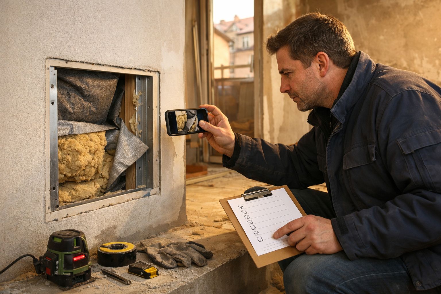 Homem inspeciona isolamento de parede, tirando foto e anotando num bloco de notas. Ferramentas e luvas ao lado.