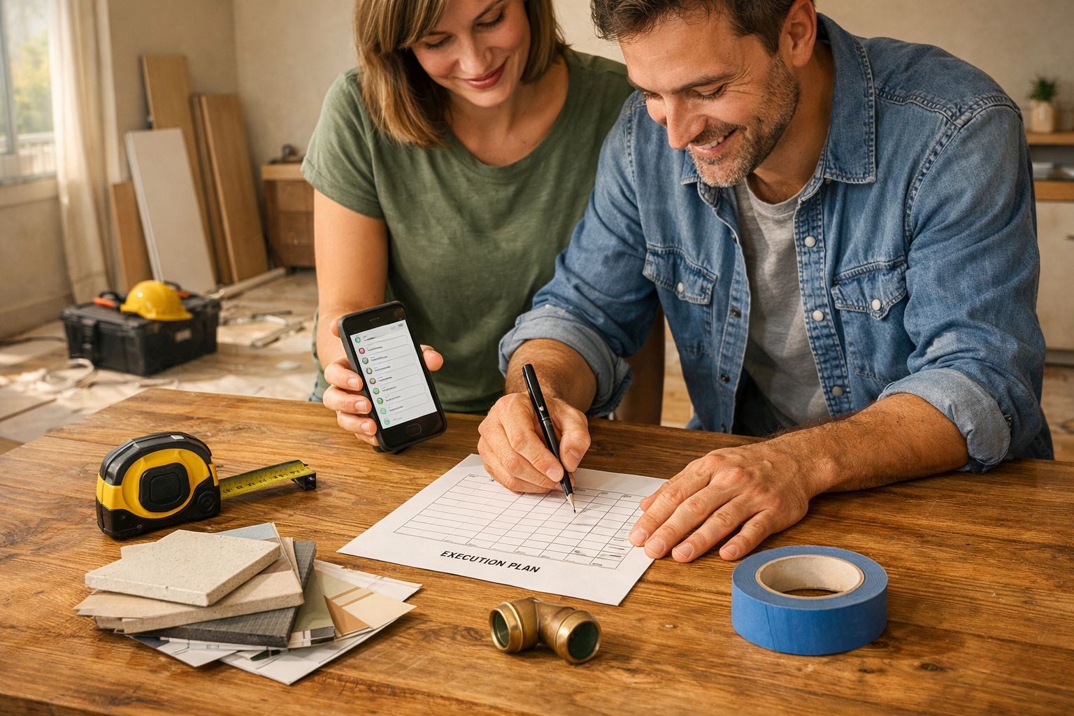 Casal a planear uma renovação em casa, com amostras de materiais, telemóvel e um plano de execução numa mesa de madeira.