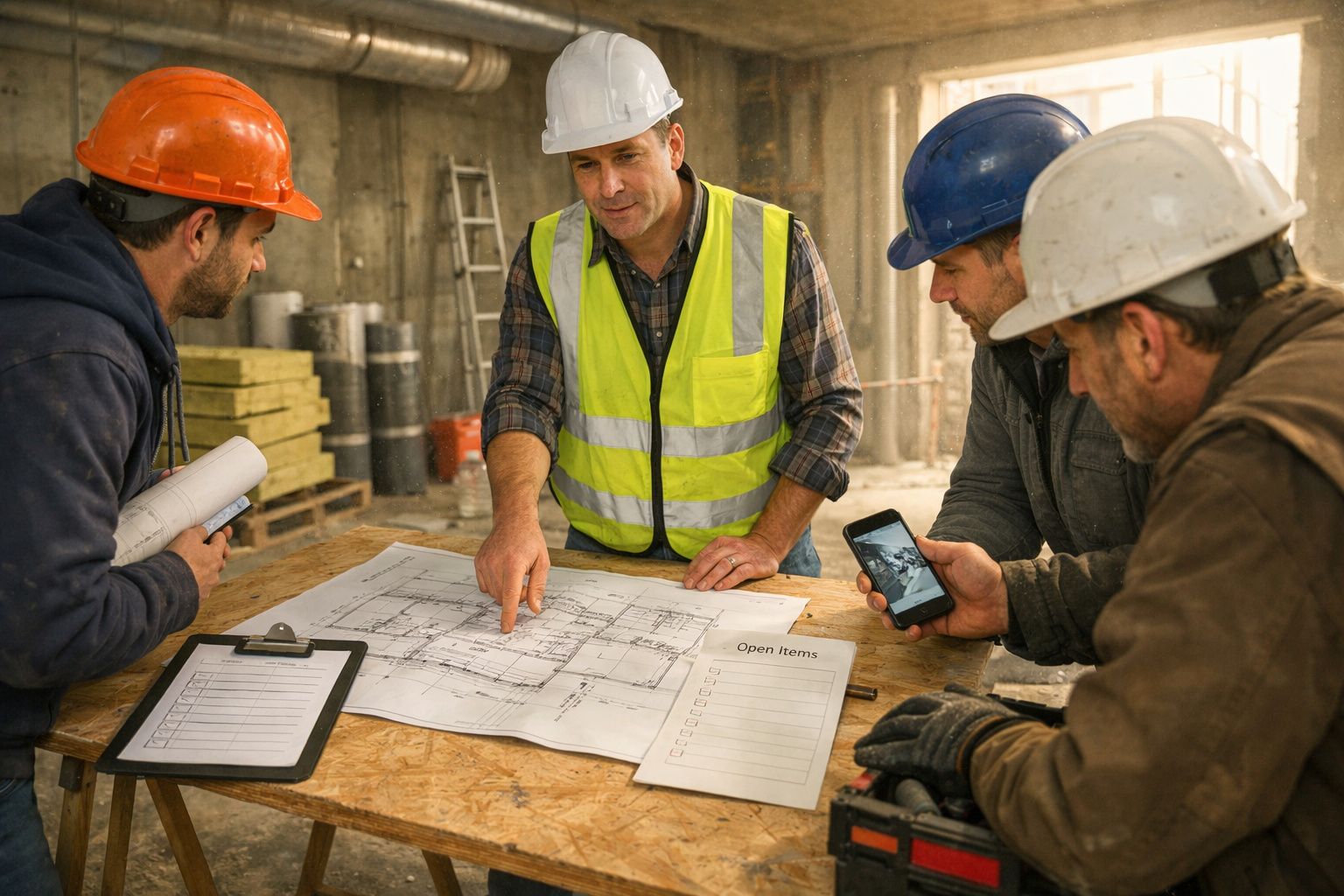 Quatro homens com capacetes analisam planta na obra.