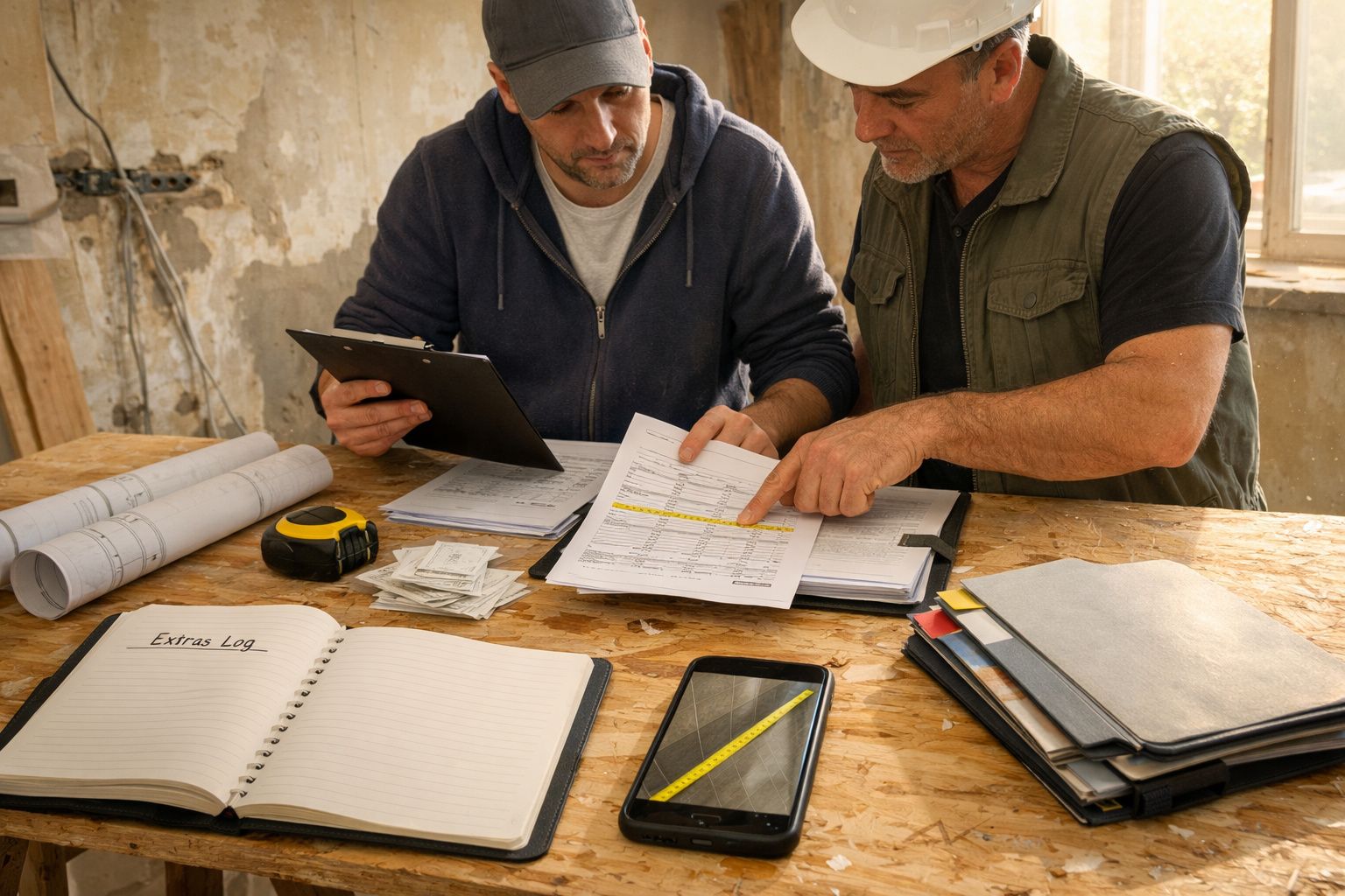 Dois homens discutem documentos de construção numa mesa com ferramentas, cadernos e um tablet.