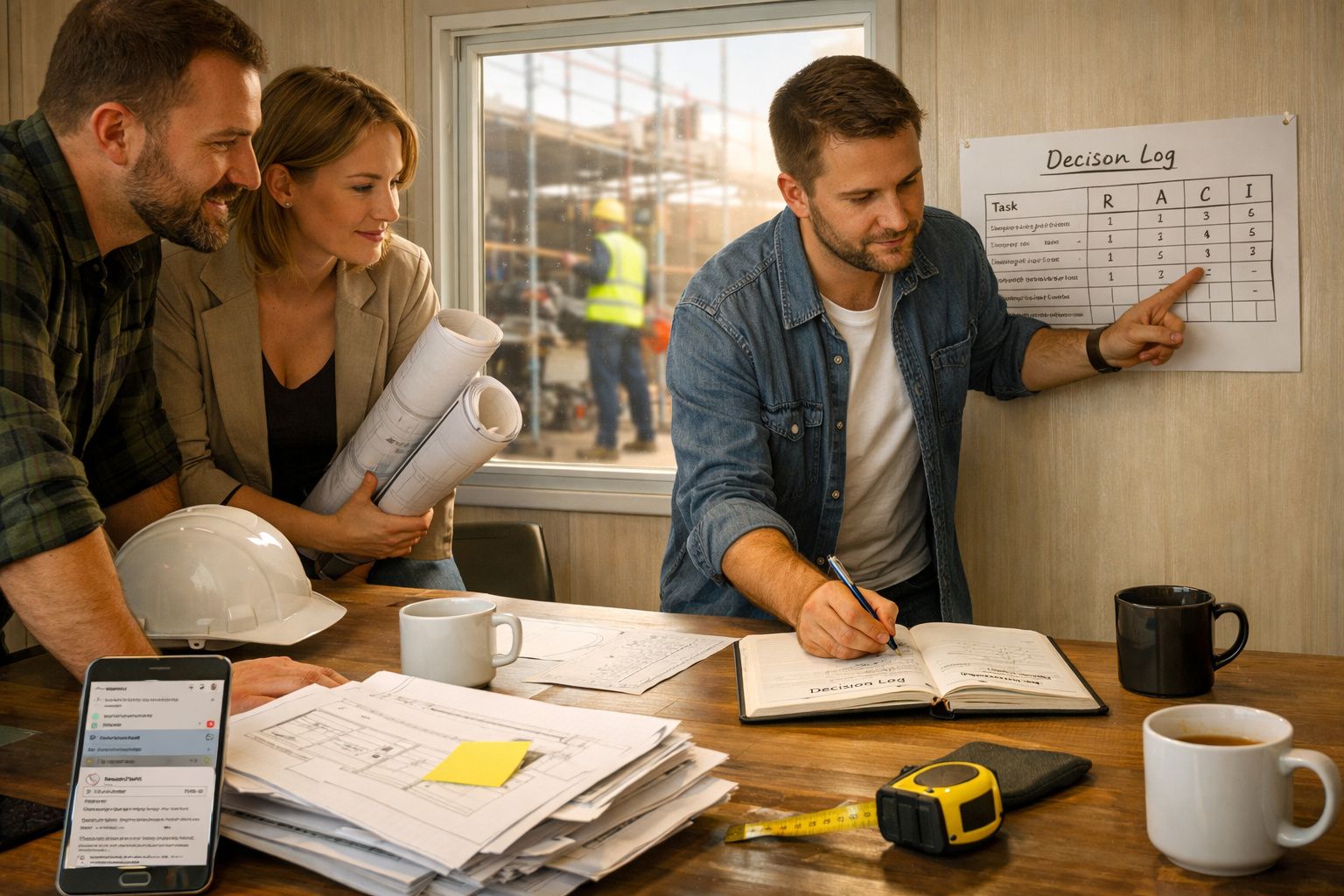 Três pessoas numa reunião de trabalho a analisarem documentos e planos, com notas escritas numa tabela na parede.