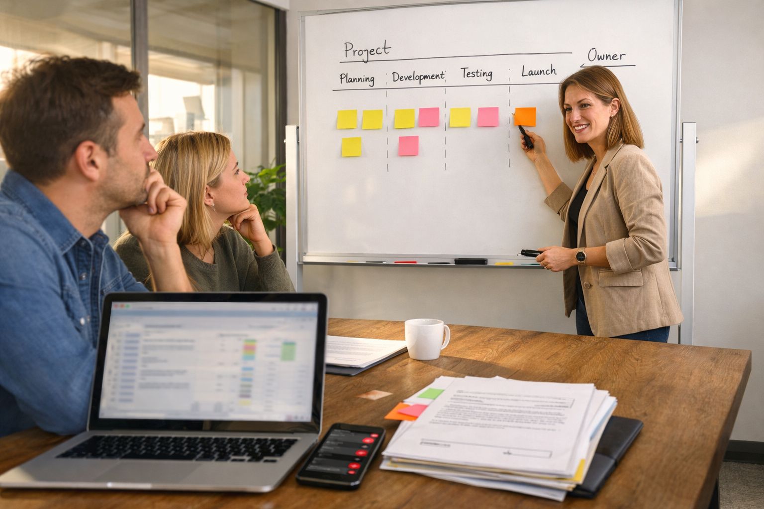 Mulher apresenta projeto num quadro branco para colegas numa sala de reuniões, com computador e documentos na mesa.